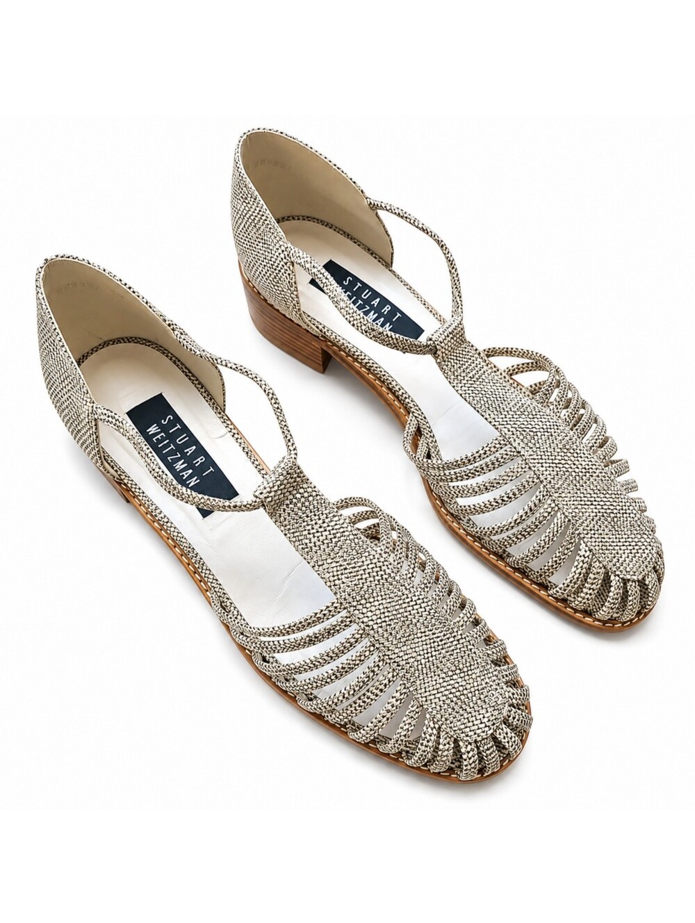 Stuart Weitzman Fisherman Woven Cage Sandals Beige Raffia Leather Minimalist 10